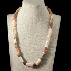 Chunky Gemstone Beaded Boho Necklace Agate Jasper Quartz Sterling Neutral 21"